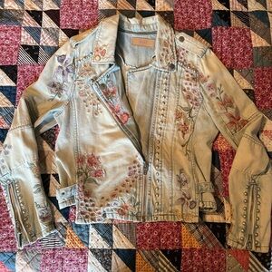 Blank NYC Jean Jacket Floral Embroidered Studs Moto